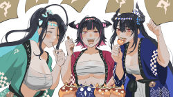 3girls aqua_hair aradia_ravencroft asymmetrical_horns black_hair blue_hair blue_jacket breasts chest_sarashi cleavage closed_eyes collarbone dango eating food green_jacket group_picture high_ponytail highres hololive hololive_english horns jacket jailbird_(nerissa_ravencroft) long_hair malpha_ravencroft mole mole_under_eye multicolored_hair multiple_girls nerissa_ravencroft open_clothes open_jacket pink_hair ponytail purple_eyes red_jacket sarashi set7 short_hair siblings simple_background single_bare_shoulder sisters slit_pupils two-tone_hair uneven_horns upper_body virtual_youtuber wagashi white_background