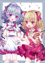 Rule 34 | 2girls, adapted costume, animal ears, bat wings, blonde hair, blue hair, border, bow, cat ears, cat tail, commentary request, contrapposto, cowboy shot, crystal, dress, fang, flandre scarlet, frilled shirt collar, frilled skirt, frills, gloves, hair between eyes, hair bow, kemonomimi mode, kneehighs, layered dress, looking at viewer, multiple girls, no headwear, open mouth, paw pose, puffy short sleeves, puffy sleeves, red dress, red eyes, remilia scarlet, rimei, short sleeves, siblings, side ponytail, sisters, skirt, socks, sparkle, standing, tail, touhou, white background, white dress, white gloves, white legwear, wings
