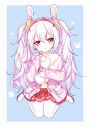 Rule 34 | 1girl, :o, animal ears, azur lane, bare shoulders, blue background, blush, collarbone, commentary request, hair between eyes, hair ornament, hairband, head tilt, heart, highres, jacket, laffey (azur lane), long hair, long sleeves, looking at viewer, navel, off shoulder, open clothes, open jacket, pantyhose, parted lips, pink jacket, pleated skirt, purple hair, rabbit ears, red eyes, red hairband, red skirt, shoes, skirt, sleeves past fingers, sleeves past wrists, solo, tengxiang lingnai, twintails, two-tone background, very long hair, white background, white footwear, white pantyhose