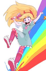 Rule 34 | 1girl, bad id, bad twitter id, blonde hair, blush stickers, boots, dress, fake horns, hairband, horned headwear, horns, jewelry, long hair, nanika (nnkgh), necklace, pantyhose, purple eyes, rainbow, simple background, smile, solo, star butterfly, star vs the forces of evil, striped clothes, striped pantyhose, wand, white background