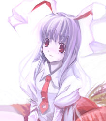 Rule 34 | 1girl, :3, animal ears, carrot, cradle (circle), dress shirt, dutch angle, female focus, long hair, long sleeves, looking at viewer, necktie, oversized object, puffy sleeves, rabbit ears, red eyes, red necktie, reisen udongein inaba, shirt, simple background, sitting, solo, touhou, very long hair, white background, yin yang