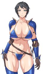 Rule 34 | 1girl, armor, bikini armor, black hair, blue eyes, breasts, cleavage, gloves, hand on own hip, highres, large breasts, legs, looking at viewer, navel, original, ozucat, seductive smile, short hair, smile, solo, sword, thick thighs, thighs, tomboy, toned, weapon