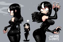 Rule 34 | 1girl, absurdres, ass, bags under eyes, black dress, black hair, breasts, character name, detached sleeves, dress, fingernails, from behind, glint, grey background, hand up, highres, large breasts, long dress, looking at viewer, multicolored hair, multiple views, noss (rariatto), original, rariatto (ganguri), sanpaku, sharp fingernails, standing, streaked hair, wavy mouth