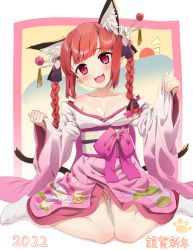 Rule 34 | 1girl, 2022, :3, :d, alternate costume, animal ear fluff, animal ears, bare shoulders, blush, braid, breasts, cat ears, cat tail, cleavage, collarbone, extra ears, fang, fangs, flower, hair flower, hair ornament, head tilt, japanese clothes, kaenbyou rin, kimono, looking at viewer, medium breasts, multiple tails, nekomata, off shoulder, open mouth, pointy ears, polpol, purple eyes, red hair, sitting, smile, solo, tail, touhou, twin braids, wariza