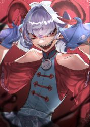 Rule 34 | 1girl, absurdres, blue dress, blue vest, curly hair, detached sleeves, dress, earrings, eye print, fuuga (perv rsity), hair between eyes, highres, horizontal pupils, horn ornament, horn ribbon, horns, jewelry, meandros, patterned clothing, pointy ears, red eyes, red horns, red sleeves, ribbon, sharp teeth, sheep horns, solo, teeth, touhou, toutetsu yuuma, vest, white hair