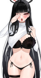 Rule 34 | 1girl, 82jhin, absurdres, black bra, black hair, black panties, blue archive, blush, bra, breasts, clothes lift, halo, highres, large breasts, long hair, long sleeves, looking at viewer, navel, no pants, panties, red eyes, rio (blue archive), simple background, solo, stomach, straight hair, sweater, sweater lift, thigh strap, tongue, tongue out, underwear, very long hair, white background, white sweater