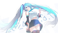 1girl absurdres aqua_hair aqua_necktie bare_shoulders black_sleeves black_thighhighs blue_eyes blue_skirt blush breasts detached_sleeves hair_ornament hatsune_miku highres large_breasts long_hair looking_at_viewer necktie open_mouth panties shirt skirt sleeveless sleeveless_shirt smile solo thighhighs thunder-35 twintails underwear very_long_hair vocaloid white_panties white_shirt