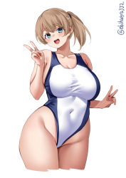 Rule 34 | 1girl, :d, blue eyes, breasts, brown hair, competition swimsuit, covered navel, ebifurya, highleg, highleg swimsuit, highres, intrepid (kancolle), kantai collection, large breasts, one-piece swimsuit, open mouth, ponytail, simple background, smile, solo, swimsuit, twitter username, v, white background