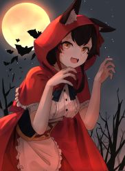 Rule 34 | 1girl, animal ear fluff, animal ears, apron, bare tree, bat (animal), black hair, bow, capelet, center frills, claw pose, corset, ears through headwear, fangs, frills, full moon, hair between eyes, halloween costume, highres, hololive, hood, hood up, looking at viewer, moon, multicolored hair, night, night sky, ookami mio, open mouth, outdoors, red hair, red hood, ribbon, sidelocks, sky, smile, solo, soranokyouga, streaked hair, tree, virtual youtuber, wolf ears, wolf girl, yellow eyes