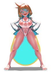 1girl alternate_breast_size aqua_eyes asymmetrical_hair bare_legs blue_jacket blush breasts cameltoe competition_swimsuit covered_erect_nipples covered_navel creatures_(company) curvy eyelashes feet female_focus full_body game_freak gen_1_pokemon gen_2_pokemon green_eyes groin gym_leader highleg highleg_swimsuit highres jacket large_breasts legs long_sleeves looking_at_viewer misty_(pokemon) navel nintendo nipples one-piece_swimsuit open_clothes open_jacket orange_hair pokemon pokemon_hgss ponytail pussy raida_(fmuc5473) sandals shiny_skin short_hair simple_background smile solo sportswear standing swimsuit swimsuit_under_clothes thick_thighs thighs toes track_jacket white_background white_jacket white_one-piece_swimsuit wide_hips