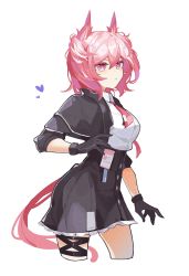 Rule 34 | 1girl, animal ears, arknights, bird ears, bird girl, bird tail, black dress, black gloves, black jacket, cowboy shot, cropped legs, dress, fiammetta (arknights), gloves, hair between eyes, hand up, haobuguniao, heart, highres, id card, jacket, looking at viewer, necktie, open clothes, open jacket, pink eyes, pink hair, red necktie, shirt, short hair, simple background, solo, tail, thigh strap, white background, white shirt