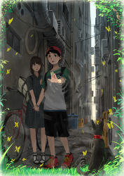Rule 34 | 1boy, 1girl, :o, air conditioner, alley, animal, backwards hat, bag, baseball cap, bicycle, black cat, black dress, black footwear, black hair, black shorts, brown eyes, bug, butterfly, cat, collared dress, commentary request, dress, energy barrier, grass, handbag, hat, hetero, holding hands, industrial pipe, insect, medium hair, original, outdoors, plaid, plaid dress, power lines, reaching, reaching towards viewer, red footwear, red hat, sandals, shirt, shoes, short sleeves, shorts, sneakers, somehira katsu, standing, trash can, watch, wristwatch