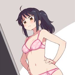 Rule 34 | &gt;:&lt;, 10s, 1girl, :&lt;, ahoge, bare arms, bare shoulders, black hair, blush, body switch, bow, bow bra, bra, breasts, brown eyes, chan co, cleavage, closed mouth, frown, hands on own hips, kimi no na wa., lingerie, long hair, miyamizu mitsuha, navel, panties, personality switch, pink bra, pink panties, ponytail, solo, standing, sweat, underwear, underwear only, v-shaped eyebrows