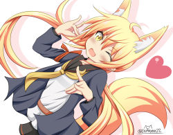 Rule 34 | 10s, 1girl, animal ears, armband, blonde hair, blush, crescent, fang, fingers together, fox ears, fox tail, kantai collection, kemonomimi mode, looking at viewer, low twintails, neckerchief, one eye closed, open mouth, satsuki (kancolle), satsuki kai ni (kancolle), school uniform, serafuku, skirt, smile, solo, tail, tamayan, twintails