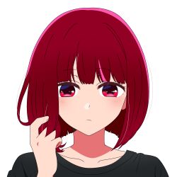 Rule 34 | 1girl, arima kana, black shirt, bob cut, closed mouth, hands in hair, highres, looking at viewer, oshi no ko, quelcom, red eyes, red hair, shirt, short hair, solo, t-shirt, white background