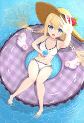 Rule 34 | 1girl, :d, absurdres, angel, angel wings, arm up, bare arms, barefoot, bikini, blonde hair, blue eyes, blush, breasts, cameltoe, collarbone, commentary request, crossed bangs, cup, curvy, drinking straw, eyelashes, floating hair, flower, food, foreshortening, from above, full body, hair between eyes, hair ribbon, hair spread out, halterneck, happy, hat, hat flower, highres, holding, holding cup, innertube, knees together feet apart, long hair, looking at viewer, low twintails, navel, open hand, open mouth, pink flower, plaid, purple innertube, reaching, reaching towards viewer, red flower, relaxing, ribbon, ripples, shaved ice, shirayuki noa, side-tie bikini bottom, small breasts, smile, solo, straw hat, swim ring, swimsuit, tenshi souzou re-boot!, thigh gap, thighs, tsubatyissimo2, twintails, very long hair, water, white bikini, white ribbon, wings