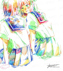 Rule 34 | 2girls, artist name, blush, colorful, commentary request, from behind, hatching (texture), highres, looking at another, looking to the side, medium hair, multiple girls, nose blush, original, parted lips, pleated skirt, procreate (medium), sailor collar, sailor shirt, school uniform, serafuku, shirt, shirt tucked in, short sleeves, simple background, sitting, skirt, summer uniform, watanabe tomari, watermark, white background, yuri