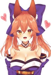 Rule 34 | 1girl, :d, absurdres, animal ear fluff, animal ears, bad id, bad pixiv id, bare shoulders, blue bow, blue kimono, blue sash, blush, bow, breasts, choker, cleavage, collarbone, commentary request, fate/extra, fate/grand order, fate (series), fox ears, hair between eyes, hair bow, heart, highres, japanese clothes, kimono, large breasts, long hair, long sleeves, obi, off shoulder, open mouth, orange hair, sash, shinonome asu, sidelocks, simple background, smile, solo, tamamo (fate), tamamo no mae (fate/extra), twintails, upper body, white background, white choker, yellow eyes