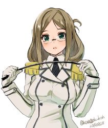 Rule 34 | 1girl, alternate hairstyle, blue eyes, brown hair, buttons, collared shirt, dated, double-breasted, epaulettes, folded ponytail, glasses, gloves, green eyes, jacket, kangoku kou, kantai collection, katori (kancolle), military, military uniform, necktie, parted bangs, riding crop, shirt, simple background, solo, twitter username, uniform, upper body, white background, white gloves