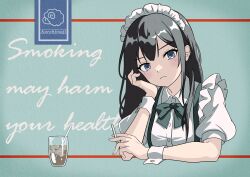 1girl absurdres artist_name black_bow black_bowtie black_hair blush bow bowtie cigarette closed_mouth collared_dress commentary cropped_torso cup dress drink drinking_glass drinking_straw english_commentary english_text frown grey_eyes highres holding holding_cigarette ice ice_cube kurohitsuji_(akiyamasheep) long_hair looking_at_viewer maid maid_headdress original puffy_short_sleeves puffy_sleeves short_sleeves sidelocks solo truth white_dress white_sleeve_cuffs