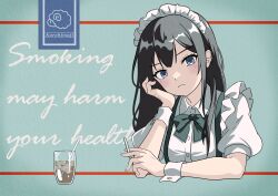 Rule 34 | 1girl, absurdres, artist name, black bow, black bowtie, black hair, blush, bow, bowtie, cigarette, closed mouth, collared dress, commentary, cropped torso, cup, dress, drink, drinking glass, drinking straw, english commentary, english text, frown, grey eyes, highres, holding, holding cigarette, ice, ice cube, kurohitsuji (akiyamasheep), long hair, looking at viewer, maid, maid headdress, original, puffy short sleeves, puffy sleeves, short sleeves, sidelocks, solo, truth, white dress, white sleeve cuffs