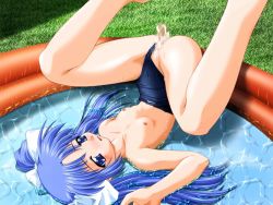 Rule 34 | 1girl, blue eyes, blue hair, bow, breasts, censored, clothes pull, clothing aside, cum, game cg, hair bow, matching hair/eyes, mosaic censoring, nipples, one-piece swimsuit, one-piece swimsuit pull, peeing, pool, school swimsuit, sex, small breasts, solo, spread legs, swimsuit, swimsuit aside, twintails, upside-down, wading pool, wet