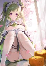 Rule 34 | 1girl, absurdres, antenna hair, apron, blush, breasts, cleavage, double bun, finale, goddess of victory: nikke, green hair, grey hair, hair bun, highres, large breasts, long hair, maid, maid headdress, on floor, panties, pantyshot, purple eyes, sitting, smile, soda (nikke), solo, standing, thighhighs, thighs, two-tone gloves, underwear, water, wet, white apron, white headwear, white panties, white thighhighs