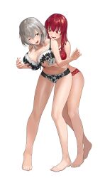 Rule 34 | 2girls, absurdres, alternate hairstyle, bare arms, bare shoulders, barefoot, bra, breasts, fang, female pervert, full body, grabbing, grabbing another&#039;s breast, grabbing from behind, green eyes, grey hair, hashtag-only commentary, heterochromia, highres, hololive, houshou marine, huge breasts, lace, lace-trimmed bra, lace-trimmed panties, lace trim, long hair, looking at another, medium hair, multiple girls, navel, open mouth, panties, pervert, red bra, red eyes, red hair, red panties, shirogane noel, simple background, skin fang, standing, strap gap, sweat, underwear, virtual youtuber, white background, white bra, white panties, yellow eyes, zonotaida
