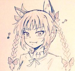 Rule 34 | 1girl, animal ears, braid, breasts, cat ears, commentary request, d-m (dii emu), extra ears, eyelashes, face, fangs, kaenbyou rin, long hair, looking at viewer, nekomata, touhou, traditional media, twin braids
