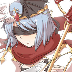 Rule 34 | 1girl, arch bishop (ragnarok online), asymmetrical wings, bat wings, black blindfold, black dress, black wings, blindfold, blue hair, cleavage cutout, closed mouth, clothing cutout, commentary request, crosier, cross, diadem, dress, expressionless, gem, holding, holding staff, light blue hair, mismatched wings, natsuya (kuttuki), ragnarok online, red scarf, scarf, short hair, simple background, solo, staff, two-tone dress, upper body, white background, white dress, white wings, wings