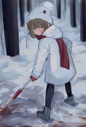 Rule 34 | 1girl, absurdres, beanie, blood, blood on face, blush, boots, brown hair, coat, forest, full body, gloves, hat, highres, hood, hooded coat, inchore, looking at viewer, nature, original, outdoors, red scarf, scarf, short hair, shovel, smile, snow, solo, white coat, winter clothes, yellow eyes
