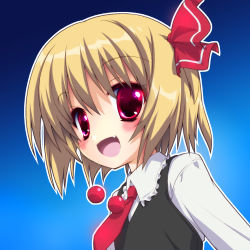 Rule 34 | 1girl, blonde hair, blush, embodiment of scarlet devil, fang, female focus, gotou nao, hair ribbon, has bad revision, has downscaled revision, md5 mismatch, necktie, open mouth, red eyes, red necktie, resolution mismatch, ribbon, rumia, short hair, smile, solo, source smaller, touhou