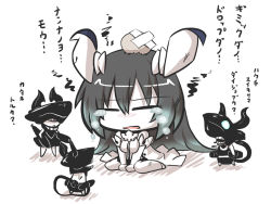 Rule 34 | 10s, 1girl, abyssal ship, anchorage water oni, black hair, chibi, commentary request, covered eyes, crossed bandaids, crying, dress, closed eyes, glowing, glowing eyes, goma (gomasamune), head bump, horns, kantai collection, long hair, open mouth, overskirt, pt imp group, tears, translation request, white dress