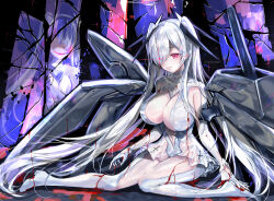Rule 34 | blood, blood on clothes, bodysuit, breasts, broken glass, cinderella (nikke), cleavage cutout, closed mouth, clothing cutout, faceless, faceless female, glass, glowing, glowing eyes, goddess of victory: nikke, hair over one eye, highres, large breasts, leg cutout, long bangs, long hair, mintes, navel, navel cutout, outdoors, red eyes, reflection, sitting, sky, smile, twintails, very long hair, white bodysuit, white hair