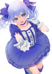 Rule 34 | 1girl, blue choker, blue dress, blue eyes, blue hair, blue ribbon, choker, commission, dress, gloves, hair between eyes, hair ribbon, highres, looking at viewer, magical girl, nijisanji, open mouth, ribbon, rinto (rint rnt), short sleeves, simple background, skeb commission, solo, twintails, v, virtual youtuber, white background, white gloves, yuuki chihiro, yuuki chihiro (1st costume)