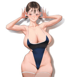 Rule 34 | 1girl, absurdres, adjusting eyewear, armpits, arms up, blue one-piece swimsuit, blush, breasts, brown eyes, brown hair, cleavage, closed mouth, collarbone, cowboy shot, curvy, fingernails, freckles, glasses, groin, highres, huge breasts, long fingernails, looking at viewer, nail polish, one-piece swimsuit, original, pink nails, round eyewear, short hair, short twintails, sideboob, simple background, skindentation, smile, solo, swimsuit, thigh strap, twintails, undersized clothes, white background, wide hips, wonbin lee