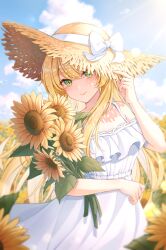 Rule 34 | 1girl, absurdres, blonde hair, blush, bow, closed mouth, cloud, collarbone, cowboy shot, day, dress, flower, green eyes, hand on headwear, hat, hat bow, highres, iyar, long hair, looking at viewer, original, outdoors, sleeveless, sleeveless dress, smile, solo, sparkle, straw hat, sundress, sunflower, sunlight, very long hair, white bow, white dress, yellow flower, yellow hat