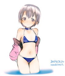 Rule 34 | 10s, 1girl, arms behind back, bare shoulders, bikini, blue bikini, blush, breasts, brown eyes, brown hair, choker, highres, idolmaster, idolmaster cinderella girls, jacket, looking at viewer, navel, open clothes, open jacket, otokura yuuki, partially submerged, rondo bell, short hair, small breasts, smile, solo, standing, swimsuit, thigh gap, wading