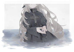 Rule 34 | 1girl, absurdres, black dress, black sleeves, black undershirt, blue hair, border, commentary, dress, english commentary, facing viewer, fading border, flower, grey background, grey hair, head out of frame, high collar, highres, holding, holding flower, isekai joucho, kamitsubaki studio, long hair, multicolored hair, o-ring, parted lips, shrug (clothing), simple background, solo, streaked hair, twitter username, uzuki 0420m, very long hair, virtual youtuber, wading, water, white border