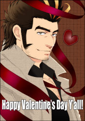 Rule 34 | 1boy, alternate costume, bara, black shirt, blonde hair, brown hair, chest hair, english text, facial hair, from side, hairy, happy valentine, highres, long sideburns, looking at viewer, pectoral cleavage, male focus, mature male, multicolored hair, open clothes, open shirt, pectorals, portrait, shirt, short hair, sideburns, solo, streaked hair, stubble, thick eyebrows, tokyo houkago summoners, upper body, valentine, yamasachihiko (housamo), yon yon (shikawafu)