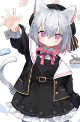 Rule 34 | 1girl, :3, animal ears, arm up, belt, beret, black belt, black dress, black hat, blush, can, canned food, cat ears, cat girl, cat tail, closed mouth, colored inner hair, dress, feet out of frame, fish (food), grey hair, hat, hat ribbon, highres, jacket, long sleeves, looking at viewer, multicolored hair, neck ribbon, off shoulder, open clothes, open jacket, pinafore dress, pink eyes, pink hair, pink ribbon, pocche-ex, ribbon, sayo (voicevox), short dress, simple background, sleeveless, sleeveless dress, solo, standing, tail, voicevox, white background