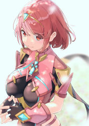 Rule 34 | 1girl, absurdres, black gloves, breasts, chest jewel, eyes visible through hair, fingerless gloves, gem, gloves, headpiece, highres, large breasts, looking at viewer, mameroku, pyra (xenoblade), red eyes, red hair, short hair, solo, xenoblade chronicles (series), xenoblade chronicles 2