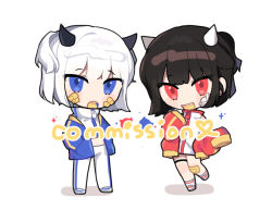 Rule 34 | 2girls, :d, bandaid, bandaid on cheek, bandaid on face, bandaid on knee, bandaid on leg, black hair, blue eyes, blue jacket, blush, chibi, commission, hands in pockets, horns, jacket, long sleeves, moffle (ayabi), multiple girls, open clothes, open jacket, open mouth, original, pants, red eyes, red jacket, shadow, sharp teeth, shoes, sleeves past fingers, sleeves past wrists, smile, socks, standing, standing on one leg, teeth, two side up, white background, white footwear, white hair, white jacket, white legwear, white pants