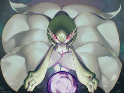 Rule 34 | 1girl, arms up, artist name, bob cut, breasts, chromatic aberration, closed mouth, collarbone, colored skin, creatures (company), energy ball, female focus, game freak, gardevoir, gen 3 pokemon, glowing, green hair, green skin, hair between eyes, highres, leaning forward, looking at viewer, multicolored skin, nintendo, outstretched arms, pokemon, pokemon (creature), red eyes, rio (user nvgr5434), short hair, signature, small breasts, smile, solo, standing, straight-on, two-tone skin, white skin