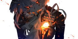 Rule 34 | 1boy, ascot, black sclera, clenched teeth, colored sclera, cracked skin, fire, hair between eyes, highres, lio fotia, looking at viewer, male focus, lava, promare, red eyes, simple background, solo, steam, sweat, tears, teeth, white background, yagita (astronomie)