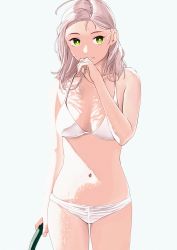 Rule 34 | 1girl, alternate costume, bare arms, bare shoulders, bikini, blush, breasts, collarbone, commentary request, cowboy shot, green eyes, highres, holding, hose, kantai collection, kinugasa (kancolle), looking at viewer, medium breasts, navel, ojipon, silver hair, simple background, skindentation, smile, solo, stomach, string bikini, swimsuit, water drop, wet, white background, white bikini
