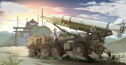 Rule 34 | 1girl, absurdres, blonde hair, blurry, blurry background, brown headwear, chinese commentary, cloud, commentary request, dated, full body, gradient sky, highres, long sleeves, military vehicle, missile, moriya suwako, motor vehicle, mountainous horizon, outdoors, purple skirt, purple vest, pzgr.40, short hair, shrine, signature, skirt, sky, solo, standing, standing on one leg, touhou, truck, variant set, vest, wide shot, wide sleeves