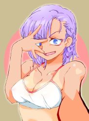 Rule 34 | 1girl, blue eyes, breasts, cleavage, commentary request, covered erect nipples, dagashi kashi, graphite (medium), looking at viewer, medium breasts, millipen (medium), onnaski, open mouth, purple hair, ringed eyes, shidare hotaru, short hair, smile, solo, swimsuit, tan, tanline, traditional media
