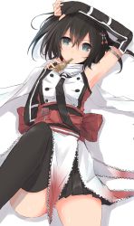 Rule 34 | 10s, 1girl, alternate eye color, arm on own head, arm up, armpits, black hair, black neckerchief, black skirt, black thighhighs, blue eyes, elbow gloves, fingerless gloves, gloves, highres, hot, kantai collection, leg up, looking at viewer, lying, nao (qqqbb), neckerchief, obi, on back, pleated skirt, sailor collar, sash, scarf, sendai (kancolle), sendai kai ni (kancolle), short hair, simple background, single thighhigh, skirt, solo, sweat, thighhighs, tupet, two side up, white background, white scarf