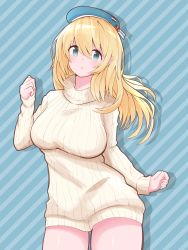 Rule 34 | 1girl, alternate costume, atago (kancolle), beret, blonde hair, blue hat, breasts, clenched hands, dress, hat, highres, kantai collection, large breasts, long hair, looking at viewer, oemunn, ribbed sweater, solo, striped, striped background, sweater, sweater dress, turtleneck, turtleneck sweater, white sweater